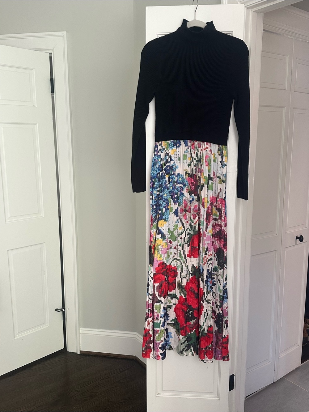 Anthropologie black Ribbed Knit top with  floral bottom dress by Kristin Lamb
